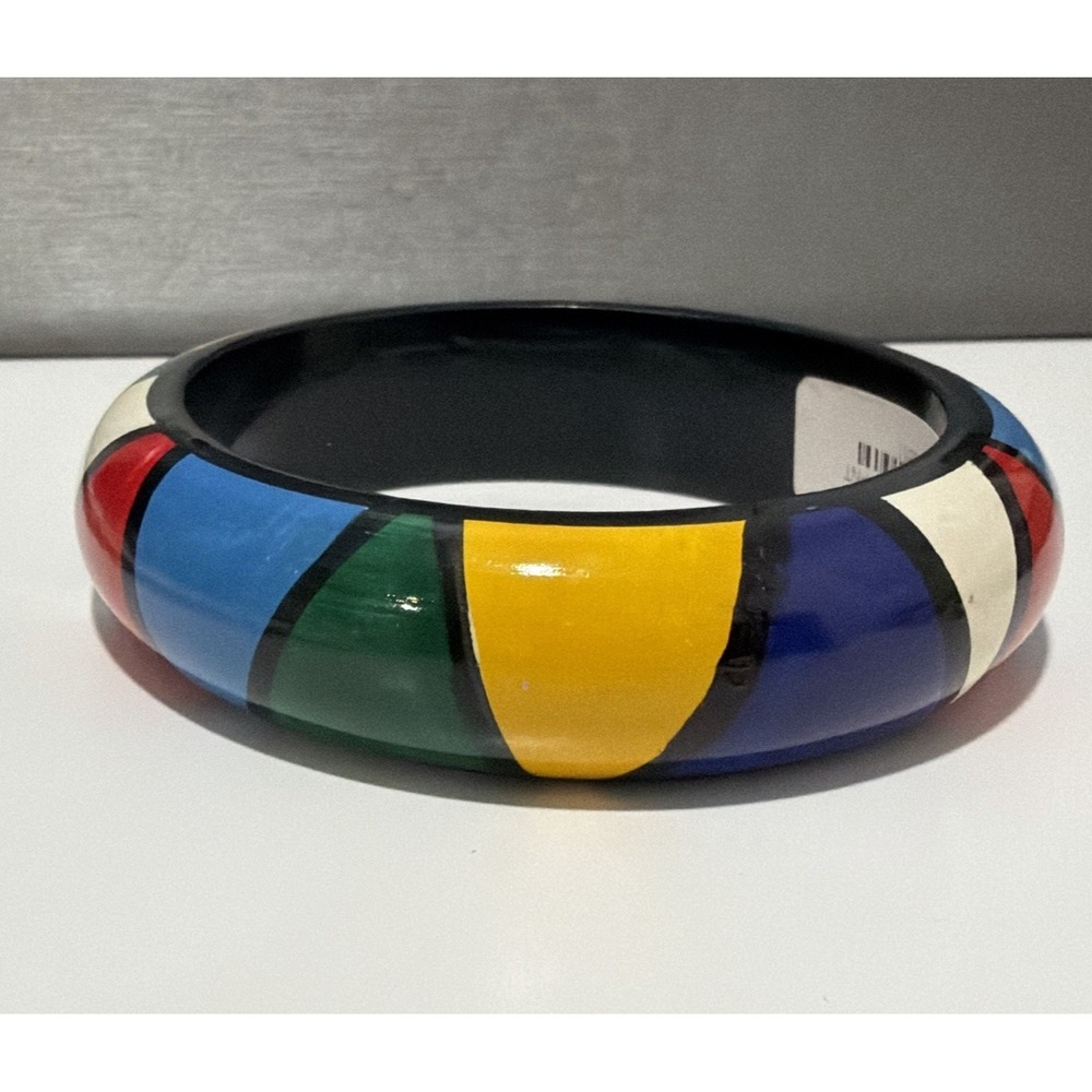 African Multicolor Color Block Wood Bangle Bracelet 8" Geometric Statement